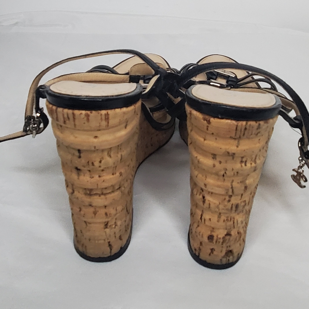 Chanel -size- 40 1/2 Black Pathent Leather Sandals And Cork Wedge Platform Heel - Picture 2 of 11